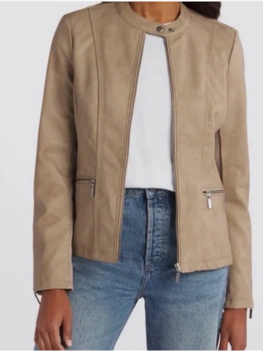 Mo-Ka Taupe Faux Leather Zip-Front Jacket